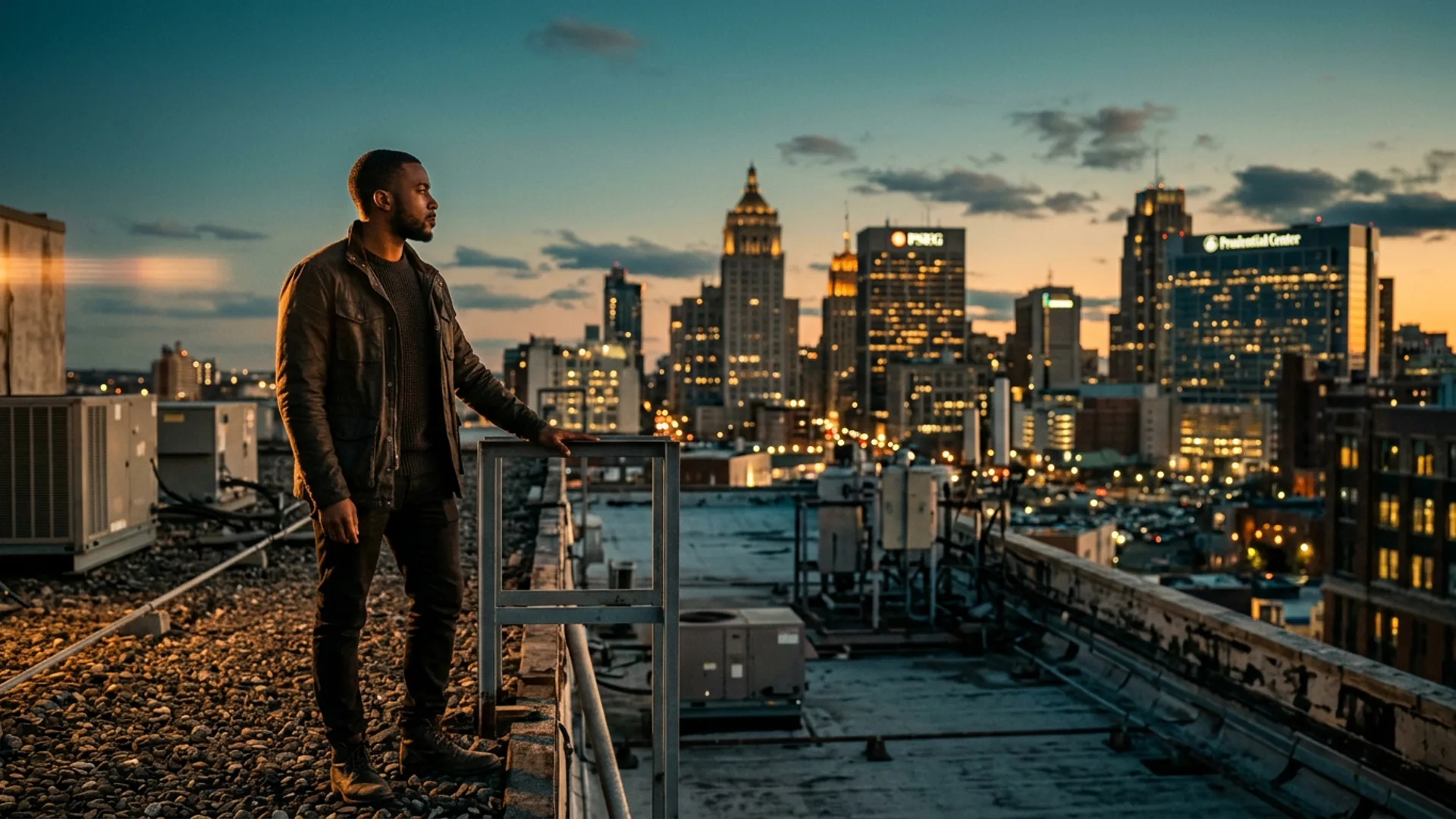 The Newark Hustle — rooftop at dusk overlooking Newark